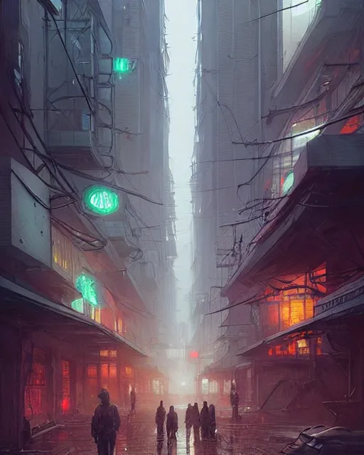 Image similar to professional ominous concept art of a dreary cyberpunk downtown street by artgerm and greg rutkowski. an intricate, elegant, highly detailed digital painting, concept art, smooth, sharp focus, illustration, in the style of simon stalenhag, wayne barlowe, and igor kieryluk.