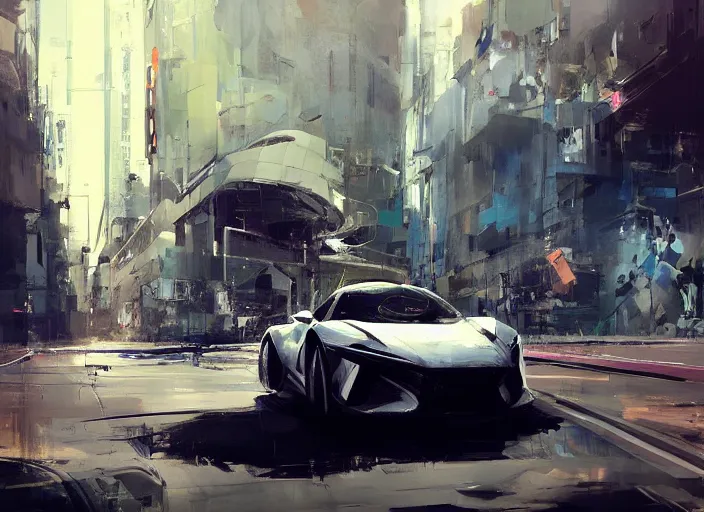 Prompt: sport car in a city, on the street. style by simon bisley, ismail inceoglu, wadim kashin, filip hodas, benedick bana, and andrew atroshenko.