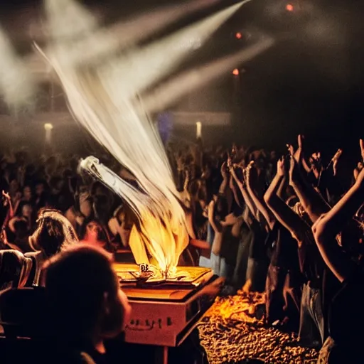 Prompt: Modern worship leader burning a Bible on stage, dramatic lighting, crowd cheering