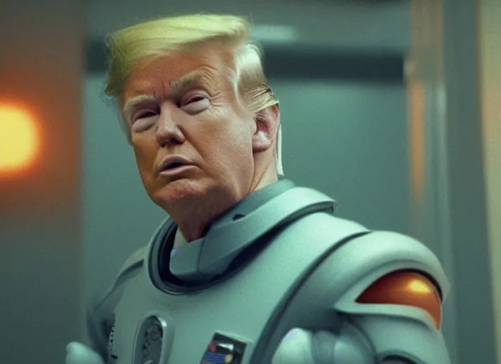 Image similar to screenshot from moody scene of Donald Trump dreaming on a spaceship, scene from the film Contact 1999 film directed by Jodi Foster, kodak film stock, anamorphic lens, 4K, film grain, detailed, stunning cinematography