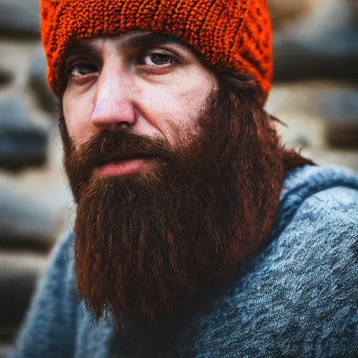 Prompt: A bearded wizard with an orange beanie, dramatic, cinematic, (EOS 5DS R, ISO100, f/8, 1/125, 84mm, postprocessed, crisp face, facial features)