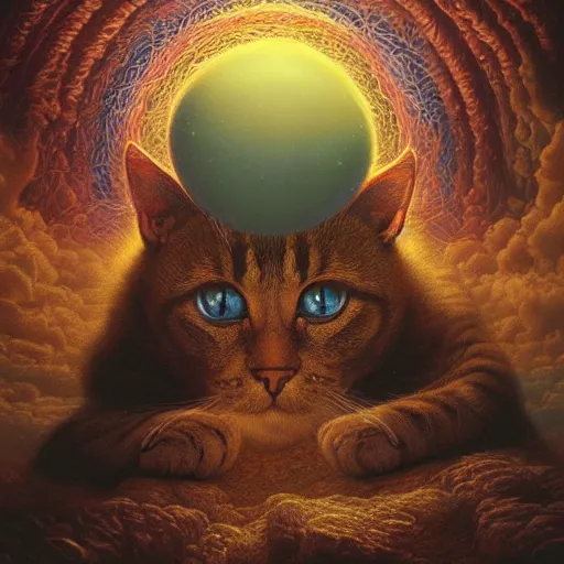 Image similar to photorealistic image of if god were a cat in the style of michael whelan and gustave dore. hyperdetailed photorealism, 1 0 8 megapixels, amazing depth, glowing rich colors, powerful imagery, psychedelic overtones, 3 d finalrender, 3 d shading, cinematic lighting, artstation concept art