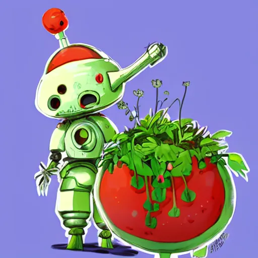 Image similar to cute robot made of plants wearing tomato hat and a chive sword, made in abyss style