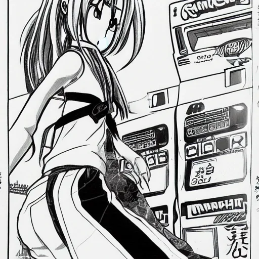 Image similar to manga, monochrome, made by toriyama akira, front portrait of a girl, modern clothing, sneaker shoes, arcade cabinet