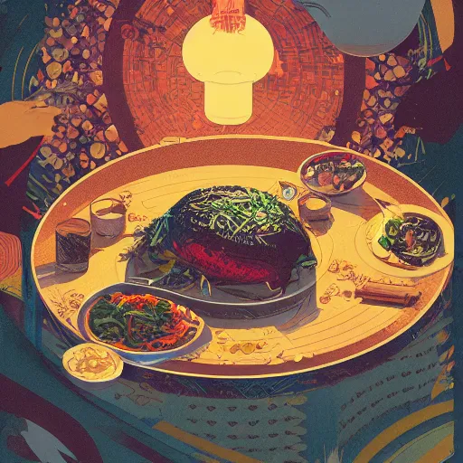 Prompt: illustration of the best meal, by Victo Ngai and James Gilleard and Bruce Pennington