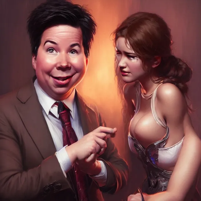 Image similar to michael mcintyre flirting with a singing waitress, elegant, real life skin, intricate artwork, high detailed, artstation, concept art, smooth, sharp focus, art by artgerm and greg rutkowski