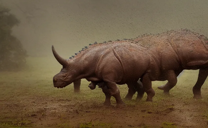 Image similar to nature photography of a rain soaked triceratops and her baby, african savannah, rainfall, muddy embankment, fog, digital photograph, award winning, 5 0 mm, telephoto lens, national geographic, muscular legs, large eyes