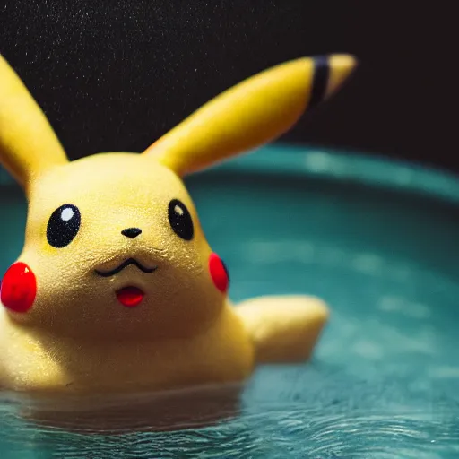 Image similar to photographic portrait by Annie Leibovitz of pikachu in a hot tub, closeup, foggy, sepia, moody, dream-like, sigma 85mm f/1.4, 15mm, 35mm, 4k, high resolution, 4k, 8k, hd, full color