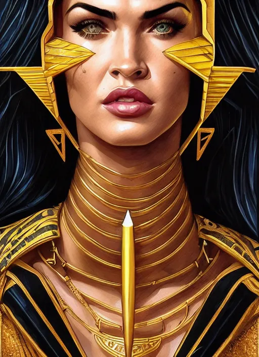 Image similar to portrait of megan fox as egypt queen, pharao, sun, mummy, scarab, pyramids, gold, intricate, headshot, highly detailed, digital painting, artstation, concept art, sharp focus, cinematic lighting, illustration, art by artgerm and greg rutkowski, alphonse mucha, cgsociety