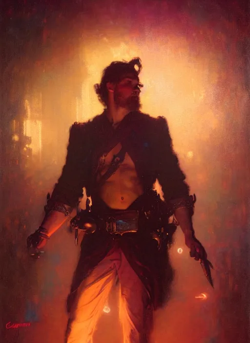 Prompt: illustration by gaston bussiere, gerome, craig mullins, greg rutkowski, john singer sargent. portrait of eddie munson joseph quinn. 8 0's neon retro. lights, glow, magical. dark background.