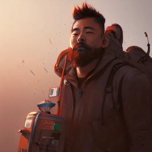 Prompt: a concept art illustration, portrait, close up shot, an asian man with backpack, on a large mechanical rusty biome, low angle shot, style by dylan cole and feng zhu and wlop, unreal engine, trending in artstation, octane render, ultra sharp, 8 k