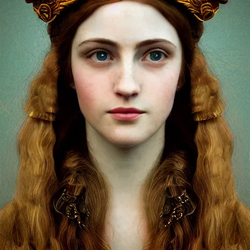 Image similar to kodak portra 4 0 0, 8 k, artstation, soft light, volumetric lighting, highly detailed, britt marling style 3 / 4 extreme close - up portrait photography of a beautiful woman pre - raphaelite, inspired by art nouveau, royal woman wearing ornate art nouveau orchid headdress, realistic, refined, highly detailed