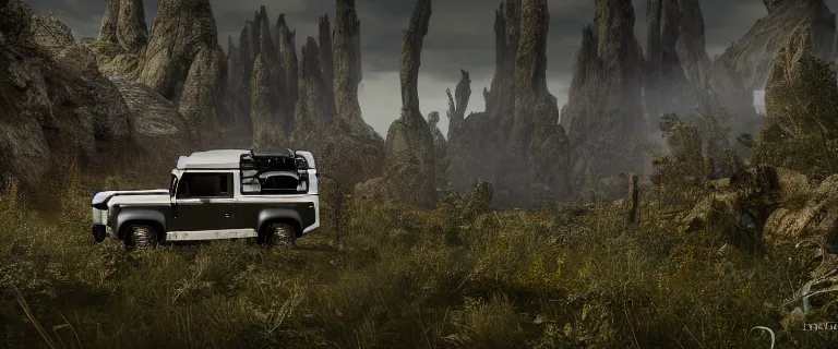 Image similar to Land Rover Defender 110 (1985), The Elder Scrolls V: Skyrim, Riften, The Rift, an epic fantasy, autumn, living flora, spriggans, humanoid flora, green floral energy going through spriggans, wooden forest spirits, dramatic lighting, cinematic, establishing shot, extremely high detail, photorealistic, cinematic lighting, artstation, by simon stalenhag