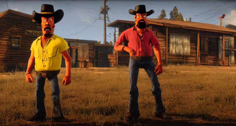 Image similar to Screenshot of Frylock from Aqua Teen Hunger Force as a 3d cowboy in full cowboy attire in the videogame 'Red Dead Redemption 2'. Sharpened. 1080p. High-res. Ultra graphical settings.