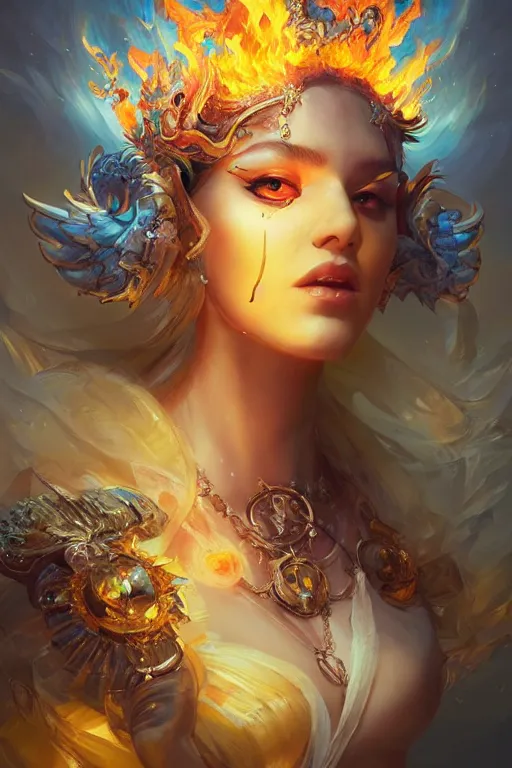 Image similar to beautiful princess with face covered with fire, diamonds, angel, fantasy, yellow background beam, dramatic lighting, highly detailed, digital painting, magic the gathering, 3 d render, hyper realistic detailed portrait, peter mohrbacher, wlop, ruan jia