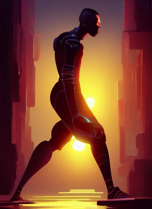 Prompt: full body side profile of a slim black man with a mohawk wearing futuristic techwear, highly detailed clothing, angular jawline, digital painting, artstation, blade runner concept art, smooth, sharp focus, electric orange light, fantasy art by greg rutkowski, loish, rhads, ferdinand knab, makoto shinkai, ilya kuvshinov, rossdraws