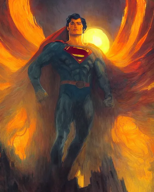 Image similar to superman emerging from the sun, elegant, orange yellow ethereal, horror, fantasy art by greg rutkowski and magali villeneuve and claude monet