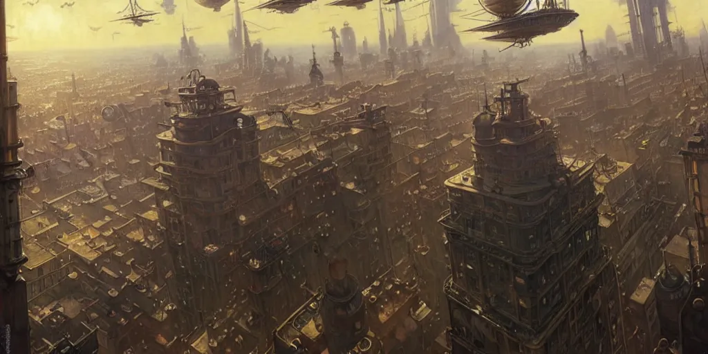 Image similar to steampunk airship above a busy city, exquisite details, denoised, mid view, by norman rockwell, karl kopinski, artsation, greg rutkowski, makoto shinkai, takashi takeuchi, studio ghibli