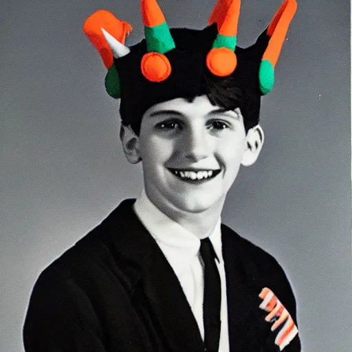 Image similar to a yearbook photo from 1966 of Jughead Jones, wearing a felt crown