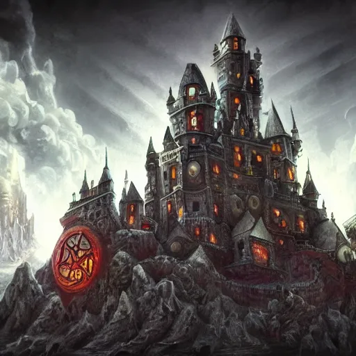 Image similar to an ultra realistic skeltor, hyper detailed, cinematic, background castle greyskull, depth of field, full color