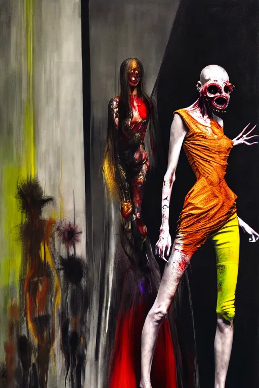 Image similar to crazy fashion catwalk, one model, crazy clothes, biopunk style, horror, hauntingly surreal, highly detailed painting by francis bacon, edward hopper, adrian ghenie, gerhard richter, and james jean soft light 4 k,