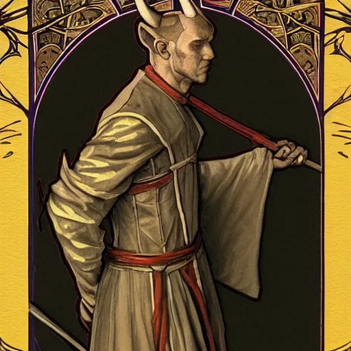 Prompt: an extremely detailed tarot card of a horned demon christian cleric, tiefling from d & d, fantasy, dressed in a catholic priest's cassock made of mithril, fantasy tavern background, 4 k, artstation, detailed, realistic, by alphonse mucha and greg rutkowski