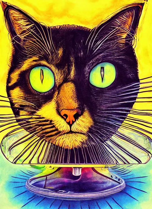 Image similar to portrait of a cat's head inside an upside down light bulb, modern fine art, intricate, elegant, subsurface scattering, highly detailed pop art painting, organic acrylic flow art, psychedelic fractal art, acrylic art, watercolor, featured on deviantart