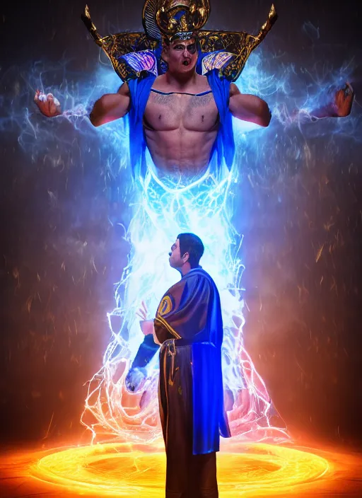 Image similar to portrait photography of mike krzyzewski as the god king emperor, blue devils, basketball, glowing, divinity power, volumetric light, unreal engine 5