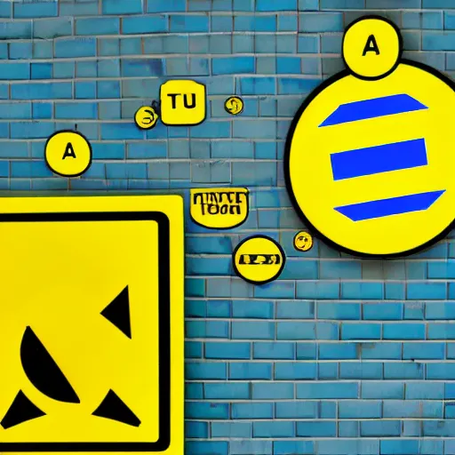 Prompt: a yellow sign with blue text warning bubble attack!