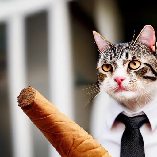 Image similar to a high detail closeup shot of a cat wearing a suit and smoking a cigar