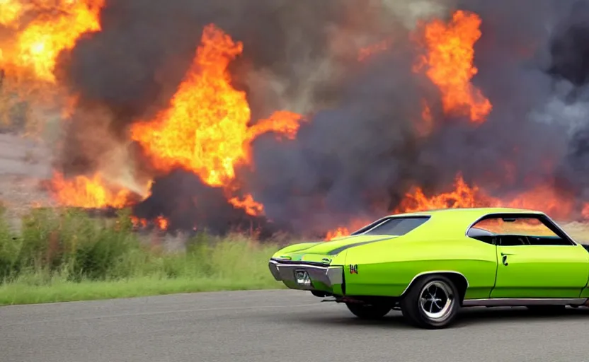 Image similar to a green 1 9 7 0 chevrolet chevelle ss driving high speed, fire explosion in the background, action scen. realistic. high resolution. dramatic