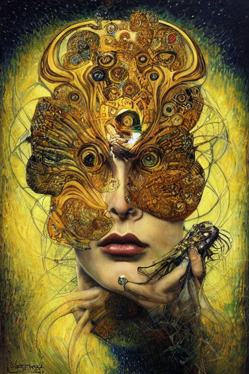 Prompt: Metamorphosis by Karol Bak, Jean Deville, Gustav Klimt, and Vincent Van Gogh, transformation portrait, chimera, visionary, cicada wings, otherworldly, fractal structures, ornate gilded medieval icon, third eye, dynamic, hybrid, fusion, change, spirals, horizontal symmetry