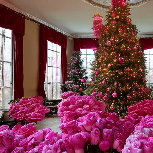 Image similar to pink palace at Christmas trees, Victorian mansion, thousands of pink roses, landscape, cinematic lighting, norman rockwell, snow coming through windows