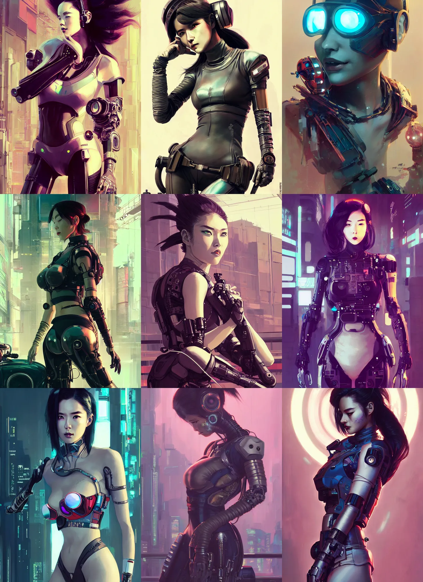 Prompt: hyper - realistic cyberpunk portrait of beautiful! alluring! android woman, extreme detail, rule of thirds, futuristic motorcycle, in style of pan ren wei, atey ghailan, greg rutkowski, col price, yoji shinkawa, greg tocchini, by james gilleard, by joe fenton, by kaethe butcher, grunge aesthetic