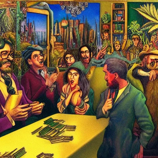 Prompt: the cannabis legalization movement in australia started with customers demanding it in their local cafes, by ernst fuchs colored and remastered in 3 d by pixar