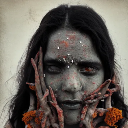 Image similar to realistic exposed expired fuji film portrait of aghori india woman covered in ash, tentacled creature mix, marigold celestial vibe, hyperrealism, hypermaxiymalism, photorealistic, detailed, atmospheric, 8 k, award winning photography, cinematic