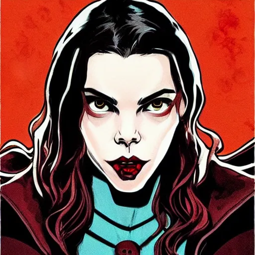 Prompt: rafael albuquerque comic art, art nouveau, pretty female anya taylor - joy vampire sharp vampire teeth open mouth, symmetrical eyes and face, brown leather jacket, jeans, long black hair, full body