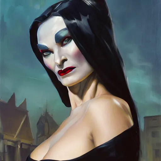 Prompt: greg manchess portrait painting of partially armored morticia from addams family as overwatch character, medium shot, asymmetrical, profile picture, organic painting, sunny day, matte painting, bold shapes, hard edges, street art, trending on artstation, by huang guangjian and gil elvgren and greg rutkowski