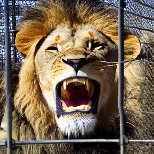 Image similar to lion roaring in cage at the zoo