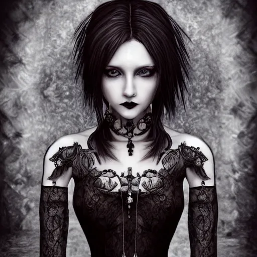 Image similar to full length portrait of a woman with timeless beauty & breathtaking eyes dressed in gothic attire, intricate digital art, elegant, DSLR 8K, biblical art, realism, incomprehensible detail, final fantasy & silent hill aesthetic, photorealistic, lifelike, created by z--ed on deviantart