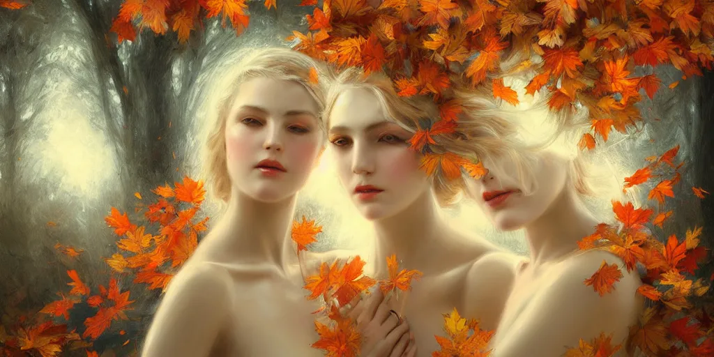 Prompt: breathtaking detailed concept art painting art deco pattern of blonde goddesses faces amalgamation autumn leaves, by volegov, bizarre compositions, exquisite detail, extremely moody lighting, 8 k