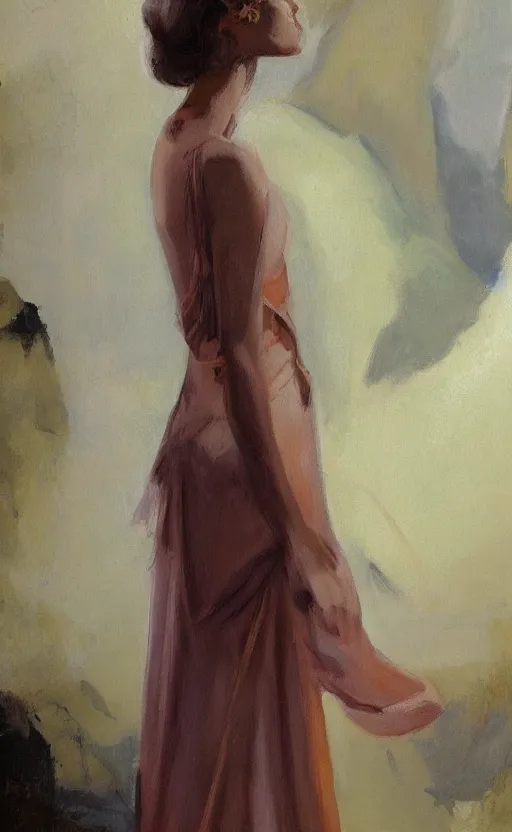 Image similar to romantic cave painting of in an elegant dress, by gregory manchess, james gurney, james jean, realistic, photo, 8 k