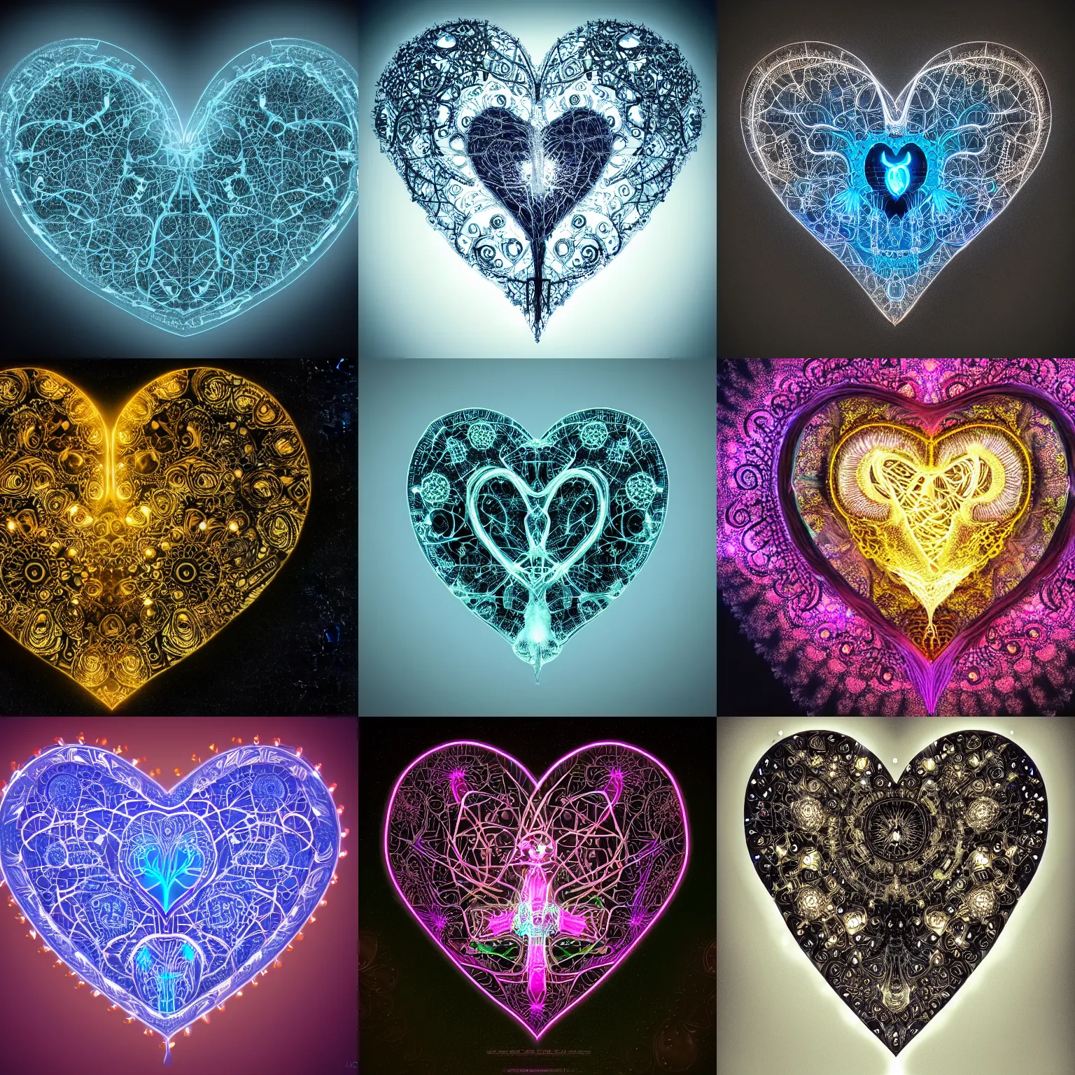 Prompt: a heart as an intricate detailed ornate bioluminescent organic machine, volumetric lighting, dark background
