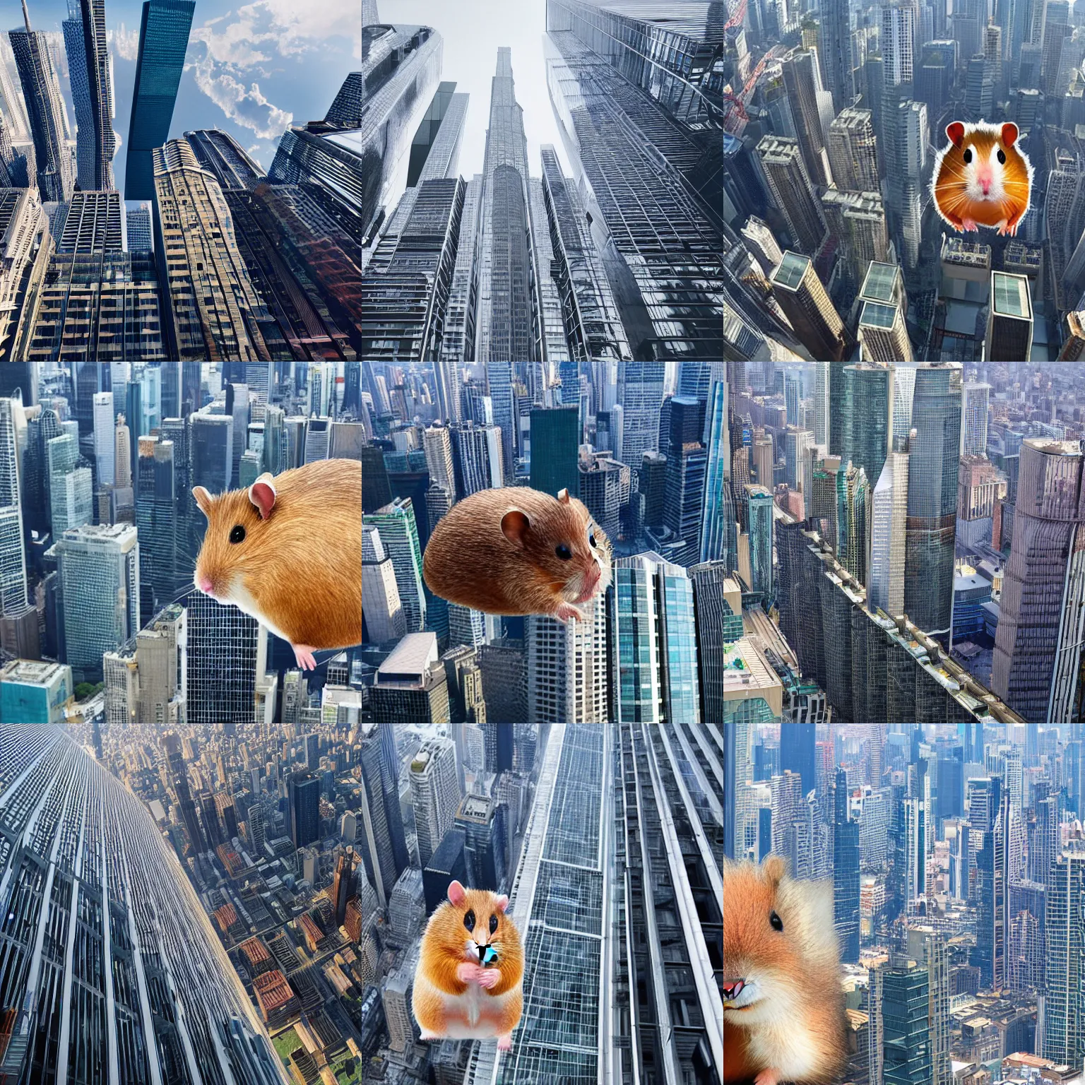 Prompt: a gigantic hamster, looking down at skyscrapers below