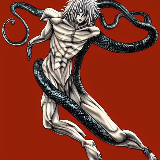 Image similar to a male anime character, half snake half human, serpent body, naga, kentaro miura art style