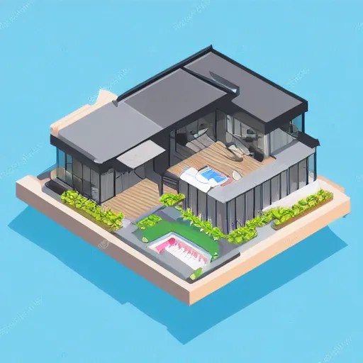 Prompt: an isometric illustration of a modern house by the beach,