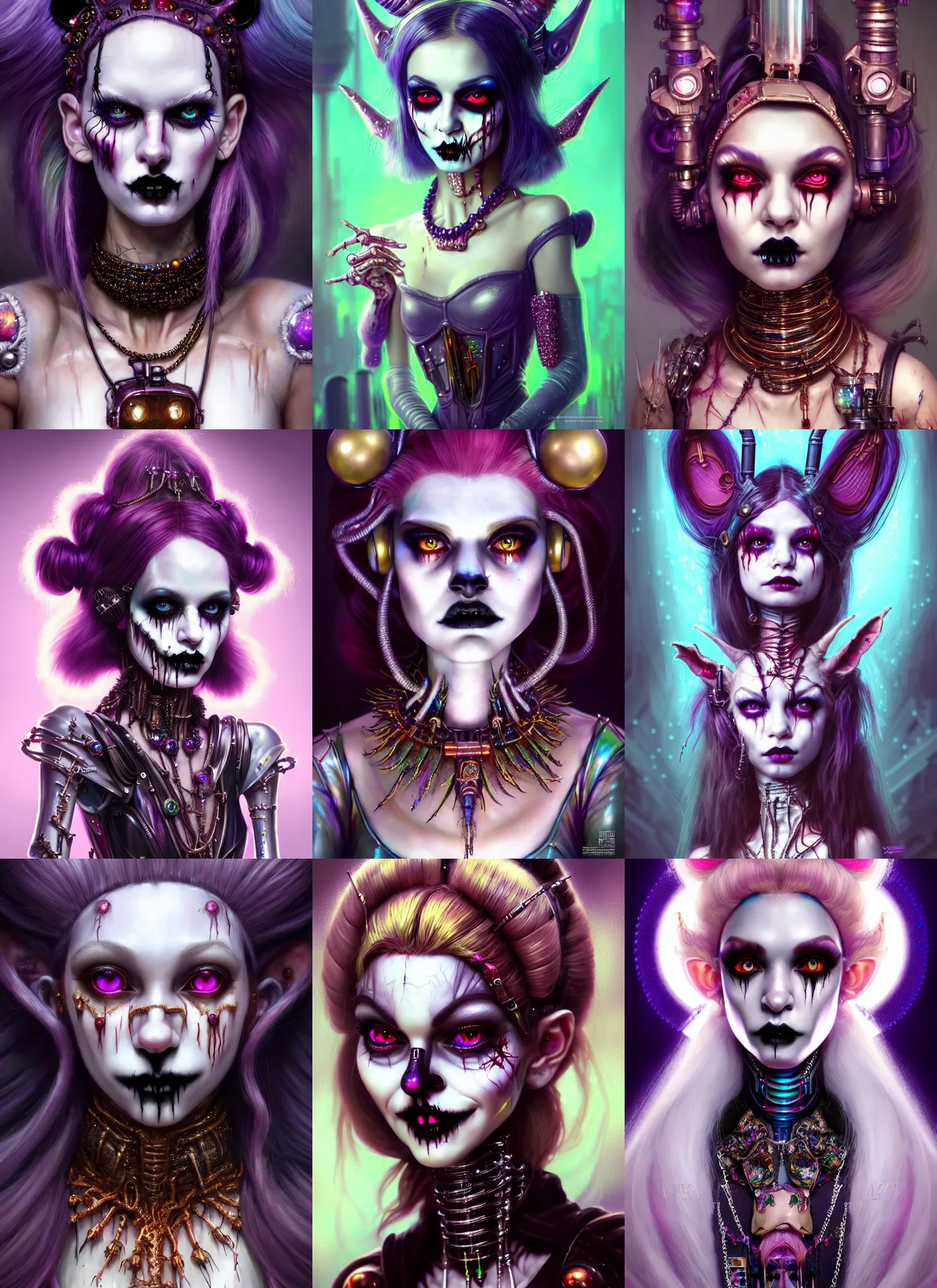 Prompt: disney weta portrait, soft lustrous biotech raver white goth clowncore zombie cyborg, bling, hi - fructose, sci - fi fantasy cyberpunk intricate decadent highly - detailed digital painting, ever after high, octane render, artstation, concept art, smooth, sharp focus, illustration, art by artgerm, mucha, loish, wlop