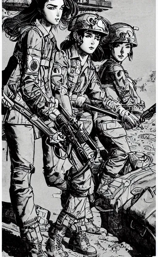 Image similar to manga style, intricate line art, side portrait of a girl, trench and sandbags in background, soldier clothing, short hair, hair down, symmetrical facial features, norman rockwell, tom lovell, alex malveda, jack kirby, greg staples