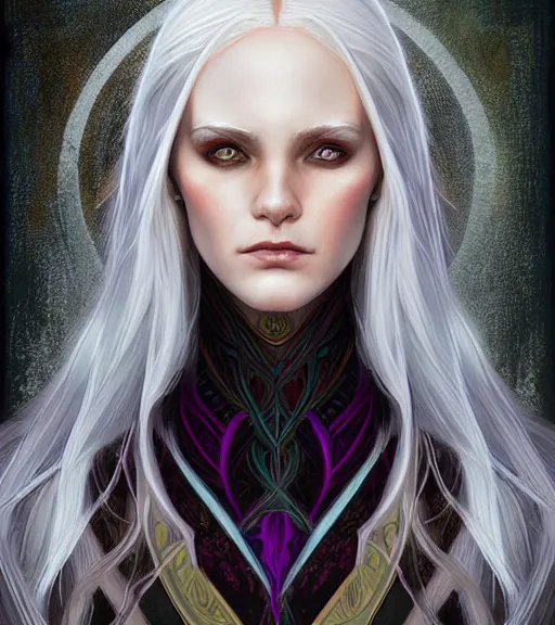 Image similar to A detailed digital art head on symmetrical fanart portrait of a distinguished elven woman with two-tone hair by Charlie bowater and lise deharme wlop, critical role