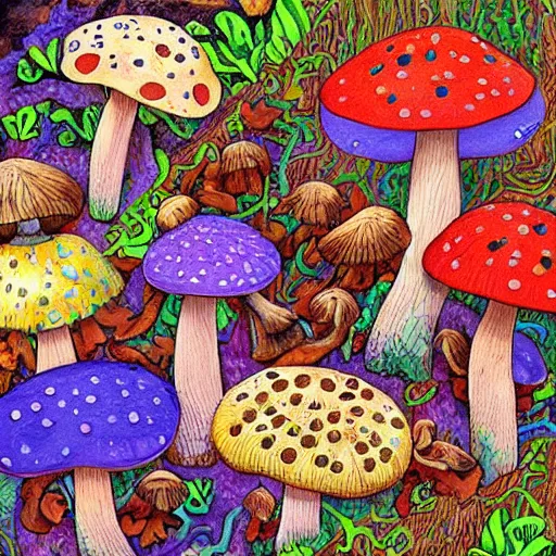 Image similar to a bunch of mushrooms that are on the ground, a jigsaw puzzle by ursula wood, pinterest contest winner, ecological art, psychedelic, colorful, i can't believe how beautiful this is